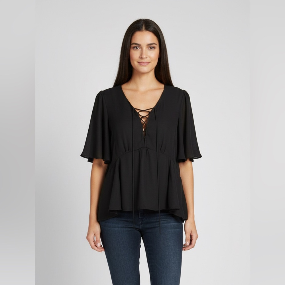 Harvé Benard Semi-Sheer Blouse Black Size XL Lace-Up with Flutter Sleeves